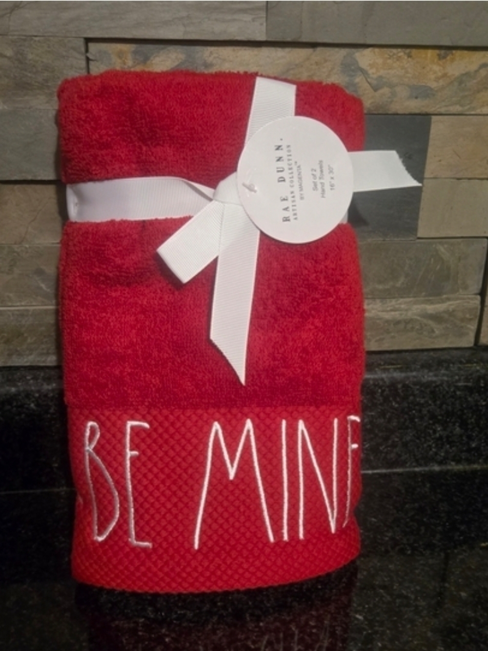 Rae Dunn Red 'Be Mine' Embroidered Hand Towel